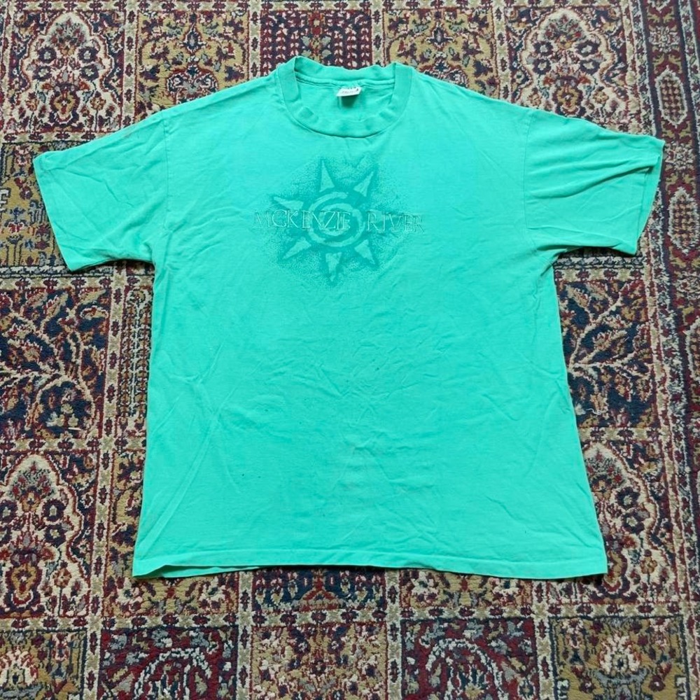 VTG 90s Mckenzie River Oregon center spiral sun graphic‎ tshirt XL USA aqua